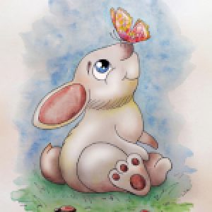 Cuentos con valores dibujo de conejo con mariposa en hocico.